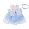 Toddler Baby Flower Girl Princess Lace Dress First Baptism Communion Bowknot Formal Embroidery Tutu Gown Elegant Wedding Bridesmaid Birthday Party Dresses Up with Headwear Blue 6-9 Months view 1
