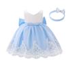 Toddler Baby Flower Girl Princess Lace Dress First Baptism Communion Bowknot Formal Embroidery Tutu Gown Elegant Wedding Bridesmaid Birthday Party Dresses Up with Headwear Blue 18-24 Months view 2