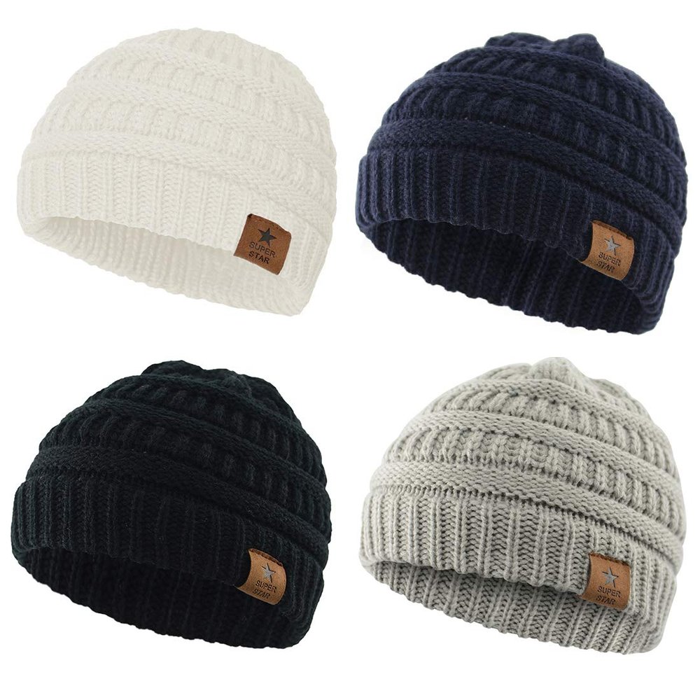 Durio Unisex Baby Beanie - Soft & Warm Knit Toddler Winter Hat, Stretchy Cap Fit for Infant to Toddler Girl Boy (6-36 Months), 5 Black & Light Grey & Navy & White