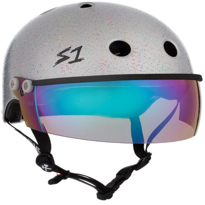 S1 Lifer Visor Helmet Gen 2 for Skateboarding, BMX, and Roller Skating - EPS Fusion Foam, CPSC & ASTM Certified - Silver Gloss Glitter w/Iridium Visor Small (21")