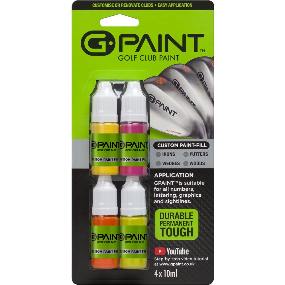 G-Paint Golf Club Paint - Touch Up, Fill in, Customize or Renovate Your Clubs - 4 Pack of 10ml Bottles. Yellow, Pink, Orange & Green
