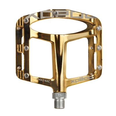 Xpedo Spry Flat Bicycling Pedals | Aluminum Body, 11mm Low-Profile, 106x100mm Platform, 28 Replaceable Steel Pins | MTB Trail/Enduro | Gold Slick