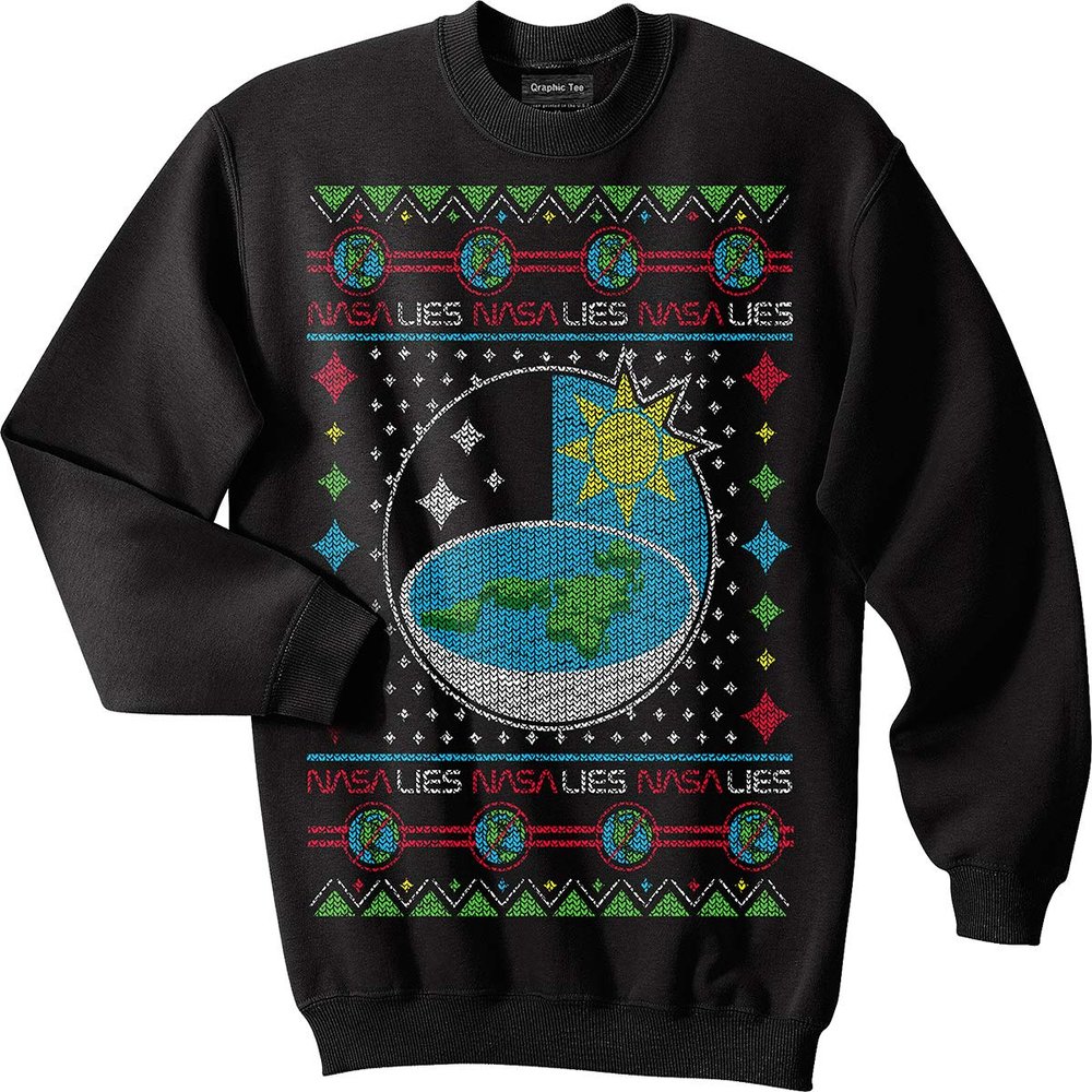 Qraphic Tee Flat Earth sweatshirt, NASA, Earth is flat sweatshirt, Ugly Christmas Sweater (M) Black
