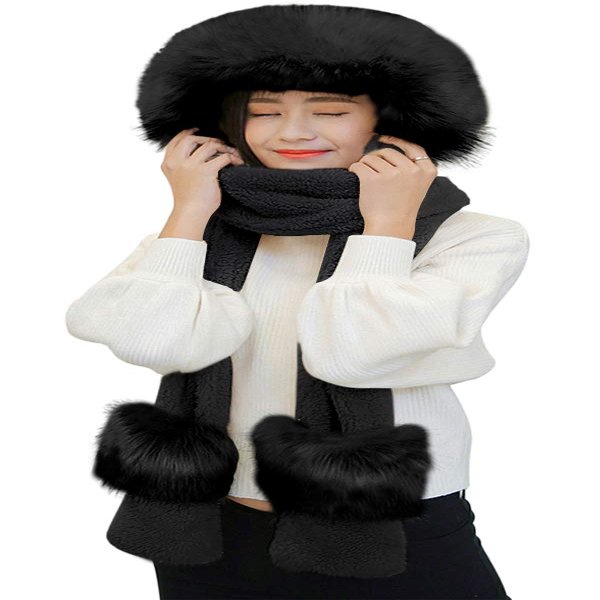 Women Girls Cute Panda Animal Winter Hats 3 in 1 Warm Plush Hoodie Cap Paw Gloves Mitten Scarf Set (Black, With Fur Trim)