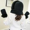 Women Girls Cute Panda Animal Winter Hats 3 in 1 Warm Plush Hoodie Cap Paw Gloves Mitten Scarf Set (Black, With Fur Trim) view 3