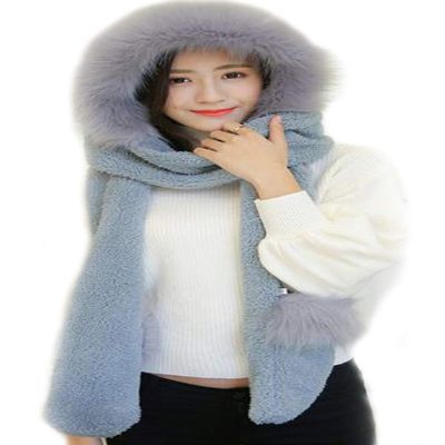 Women Girls Cute Panda Animal Winter Hats 3 in 1 Warm Plush Hoodie Cap Paw Gloves Mitten Scarf Set (Grey, With Fur Trim)