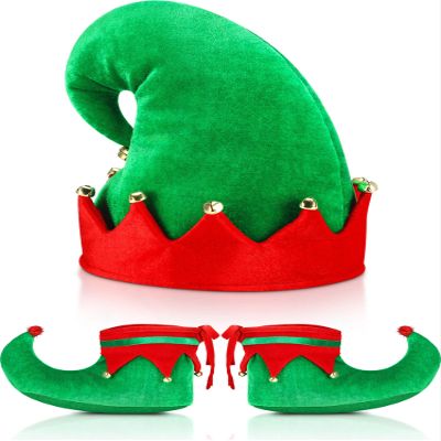 SATINIOR Christmas Santa Elf Shoes and Hat Christmas Red and Green Costume Accessory Set(28 Cm/ 11 Inch,Bright Color)