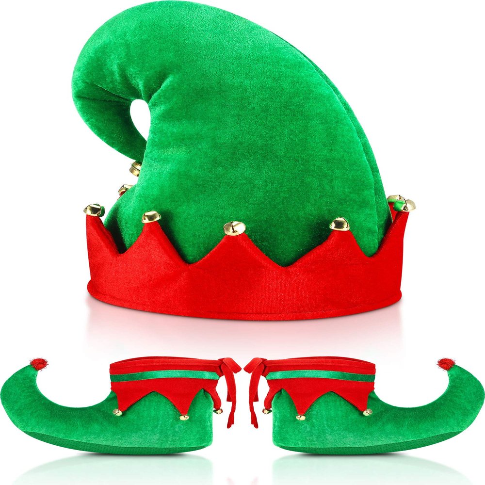 SATINIOR Christmas Santa Elf Shoes and Hat Christmas Red and Green Costume Accessory Set(28 Cm/ 11 Inch,Bright Color)