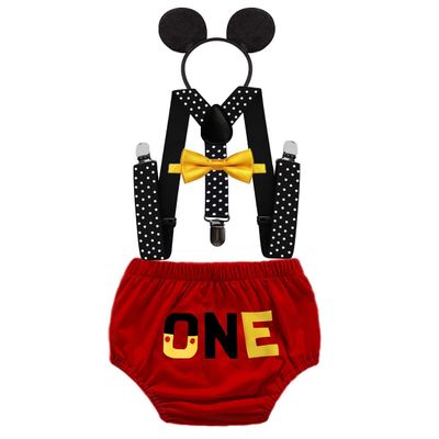 FMYFWY Baby Boys 1st Birthday Outfits Cake Smash Photo Props 4Pcs Clothes Set ONE Bloomers Suspenders Bowtie Headband Red 6-12M