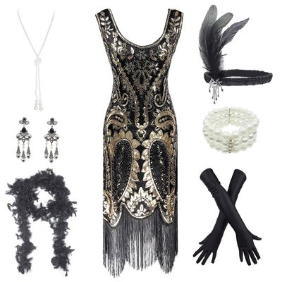 Women's Roaring 20s V-Neck Gatsby Flapper Dresses with accessories set (XX-Large, Style 5 Black&Gold)