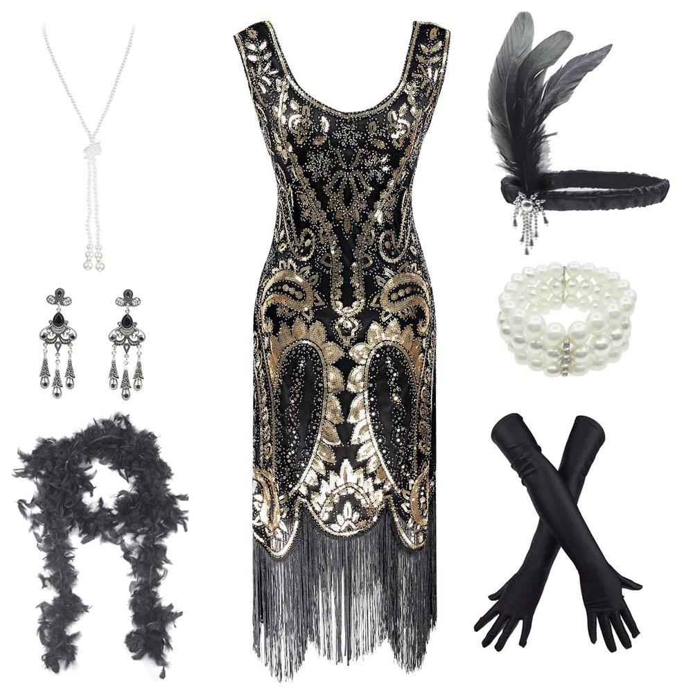 Women's Roaring 20s V-Neck Gatsby Flapper Dresses with accessories set (XX-Large, Style 5 Black&Gold)