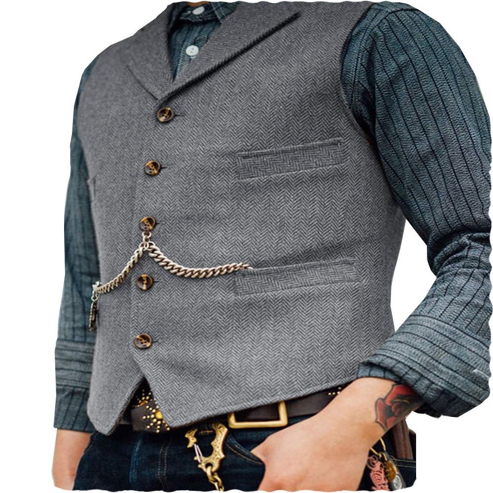Aesido Formal Men's Vests Slim Fit Soft Wool Tweed Herringbone Business Suit Vest Waistcoat for Wedding Groomsmen(Silver Grey,XXXL)