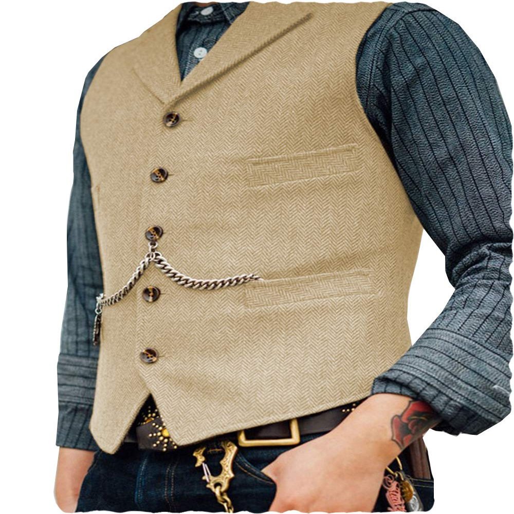 Aesido Formal Men's Vests Slim Fit Soft Wool Tweed Herringbone Business Suit Vest Waistcoat for Wedding Groomsmen(Champagne,M)