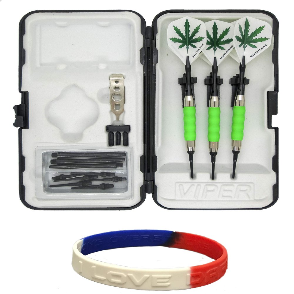 Sure-Grip Viper Green Soft Tip Darts with Dart Case & Accessories Choice of Flights 16 or 18 Grams (Ruthless Pot Leaf White, 16g)