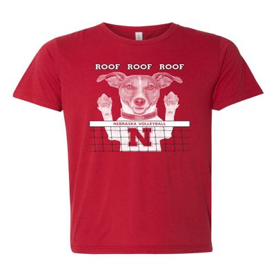 CornBorn Nebraska Husker Volleyball Spike Dog ROOF x 3 Premium Ultra-Soft Tri-Blend Tee Shirt - Red - Small