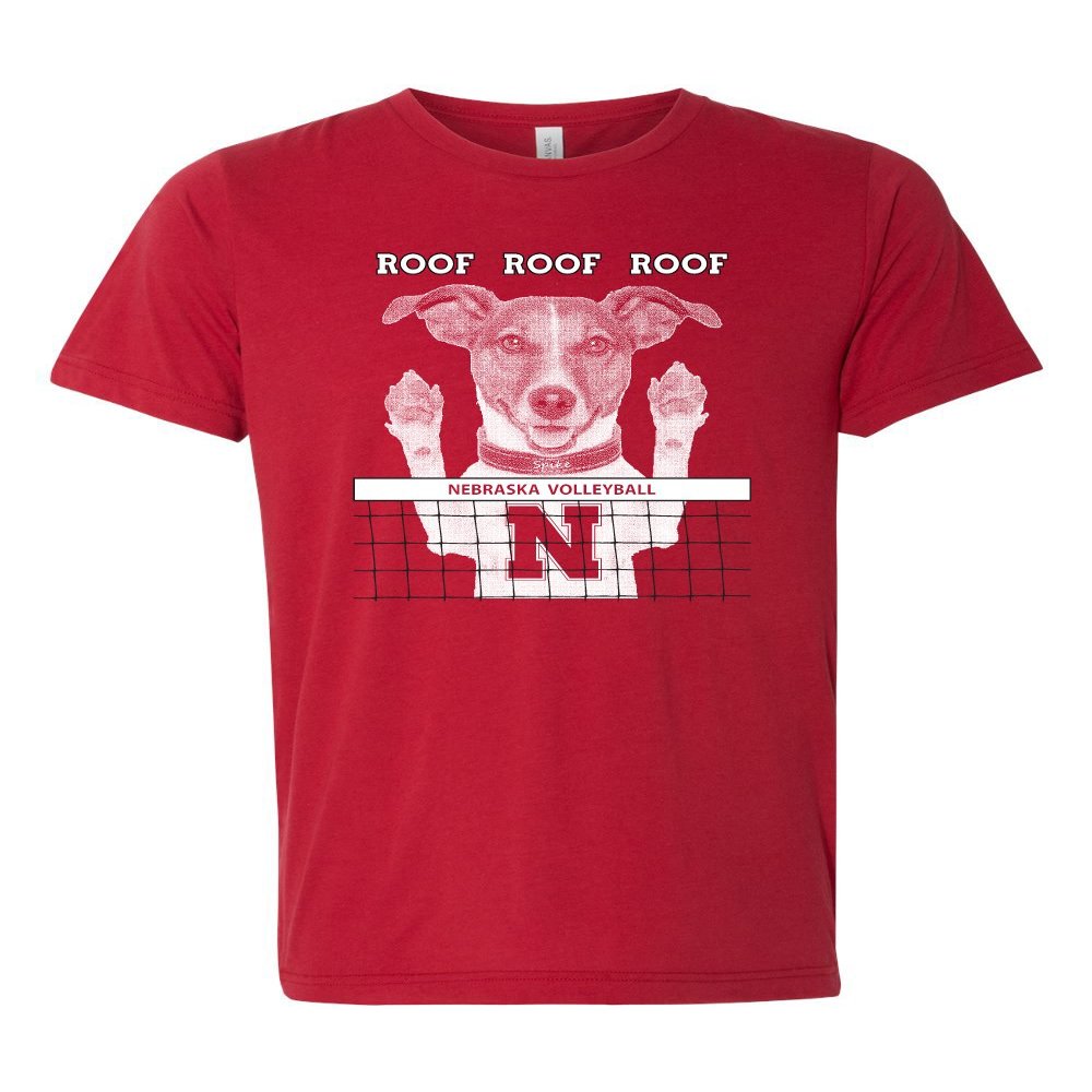 CornBorn Nebraska Husker Volleyball Spike Dog ROOF x 3 Premium Ultra-Soft Tri-Blend Tee Shirt - Red - Small
