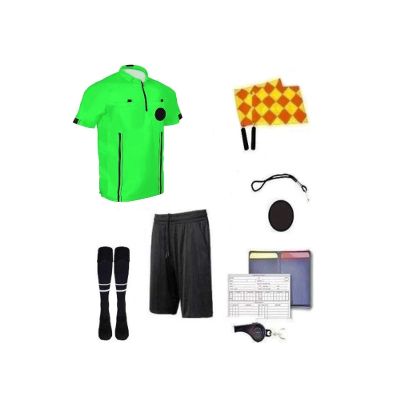 Soccer Referee 9 Piece Short Sleeve Package Referee Jersey Black Shorts Socks patch Whistle lanyard Referee wallet cards Flag set (Green, Adult X Large)