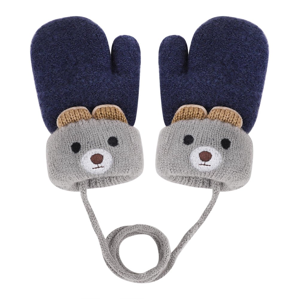 Toddler Baby Knitted Winter Gloves Cable Mittens Cute Cartoon Bear Kids Boys Girls Thermal Thick Fleece Lined Gloves Wool Warm Knit Snow Ski Cold Weather Gloves Children with String Age 0-3Y