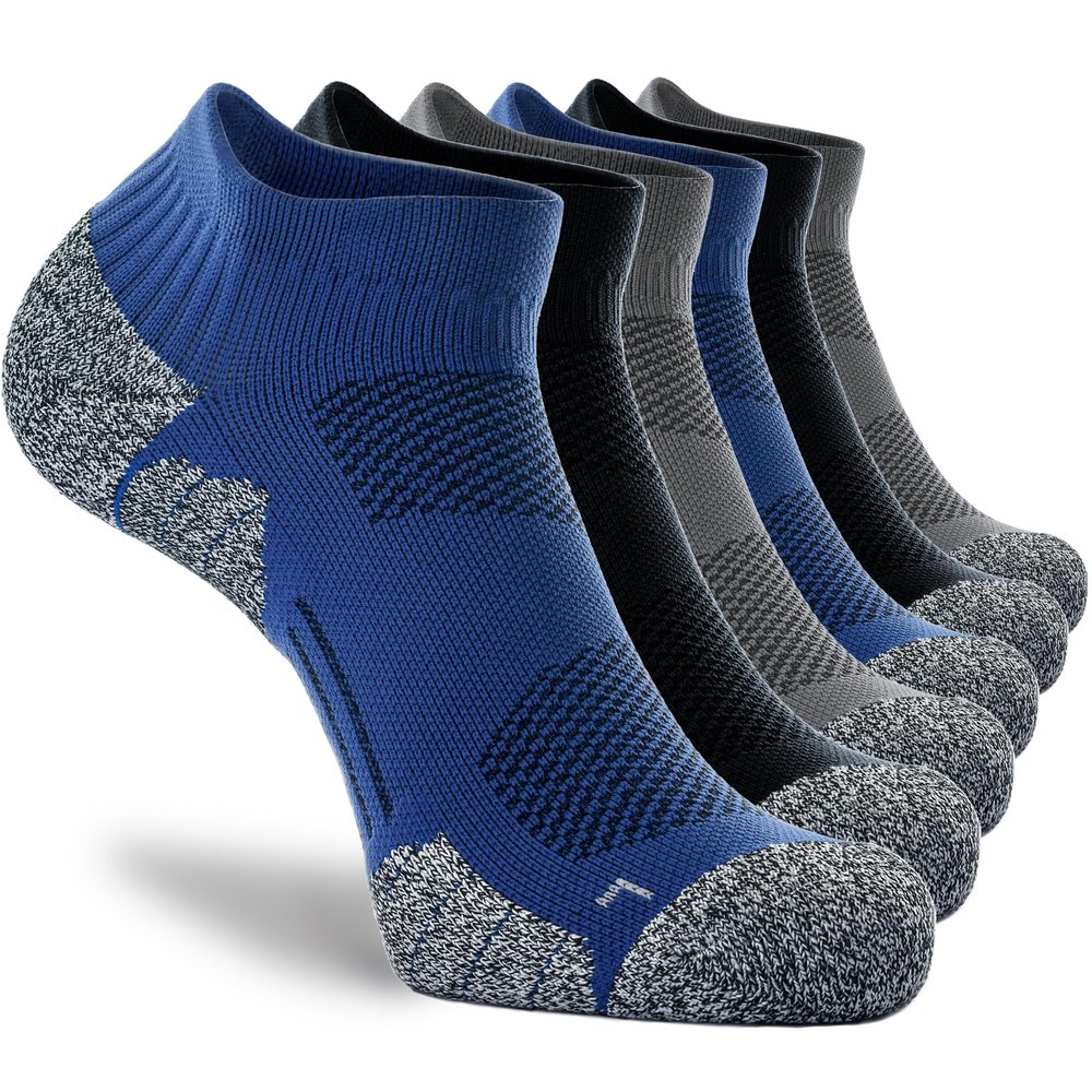 CWVLC Unisex Cushioned Compression Athletic Ankle Socks Multipack, 6-pairs Black Charcoal Royal, M (7.5-10 W US/ 6-8.5 M US)