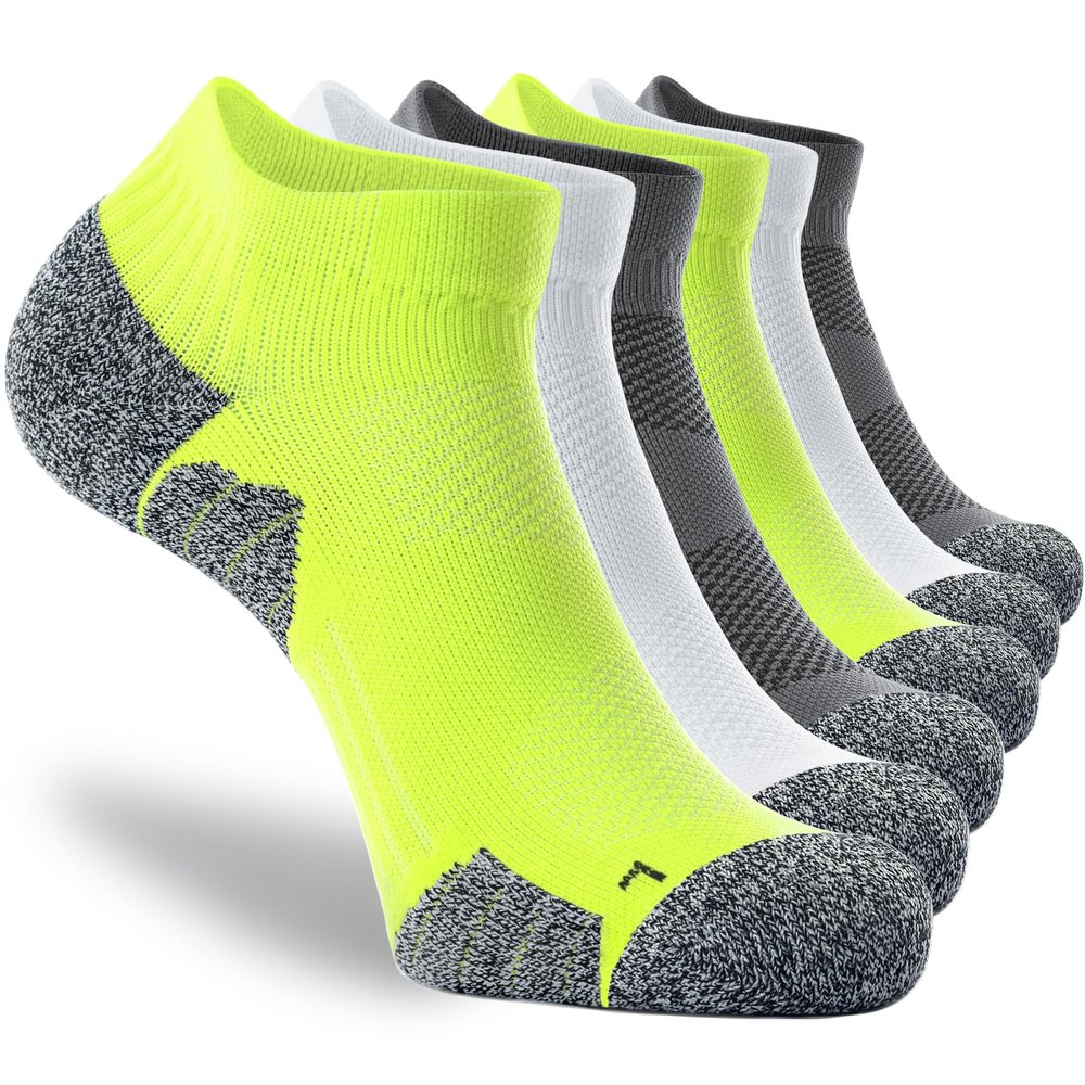 CWVLC Unisex Cushioned Compression Athletic Ankle Socks Multipack, 6-pairs Charcoal Lime-Green White, M (7.5-10 W US/ 6-8.5 M US)