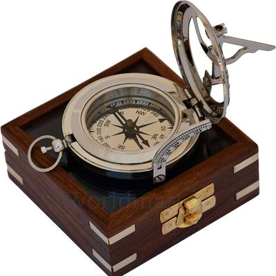 RoyalMart Brass Sundial Compass with Wooden Case | Silver Engraved Vintage Steampunk Compass with Brass Push Button Mechanism | Nautical Antique Gift for Graduation, Scouts & Collectors