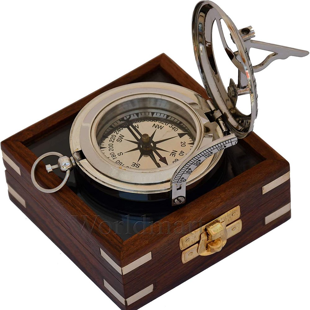 RoyalMart Brass Sundial Compass with Wooden Case | Silver Engraved Vintage Steampunk Compass with Brass Push Button Mechanism | Nautical Antique Gift for Graduation, Scouts & Collectors