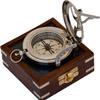 RoyalMart Brass Sundial Compass with Wooden Case | Silver Engraved Vintage Steampunk Compass with Brass Push Button Mechanism | Nautical Antique Gift for Graduation, Scouts & Collectors view 1