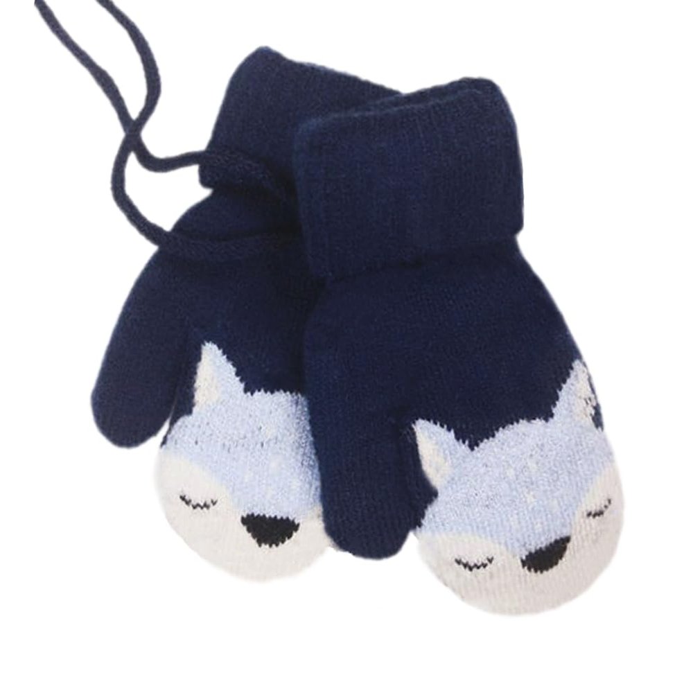 Baby Toddler Cute Fox Winter Warm Knitted Magic Mittens On String Kids Insulated Snow Cold Weather Gloves with Fleece Lining for Baby Girls Boys 0-3 Years Gift