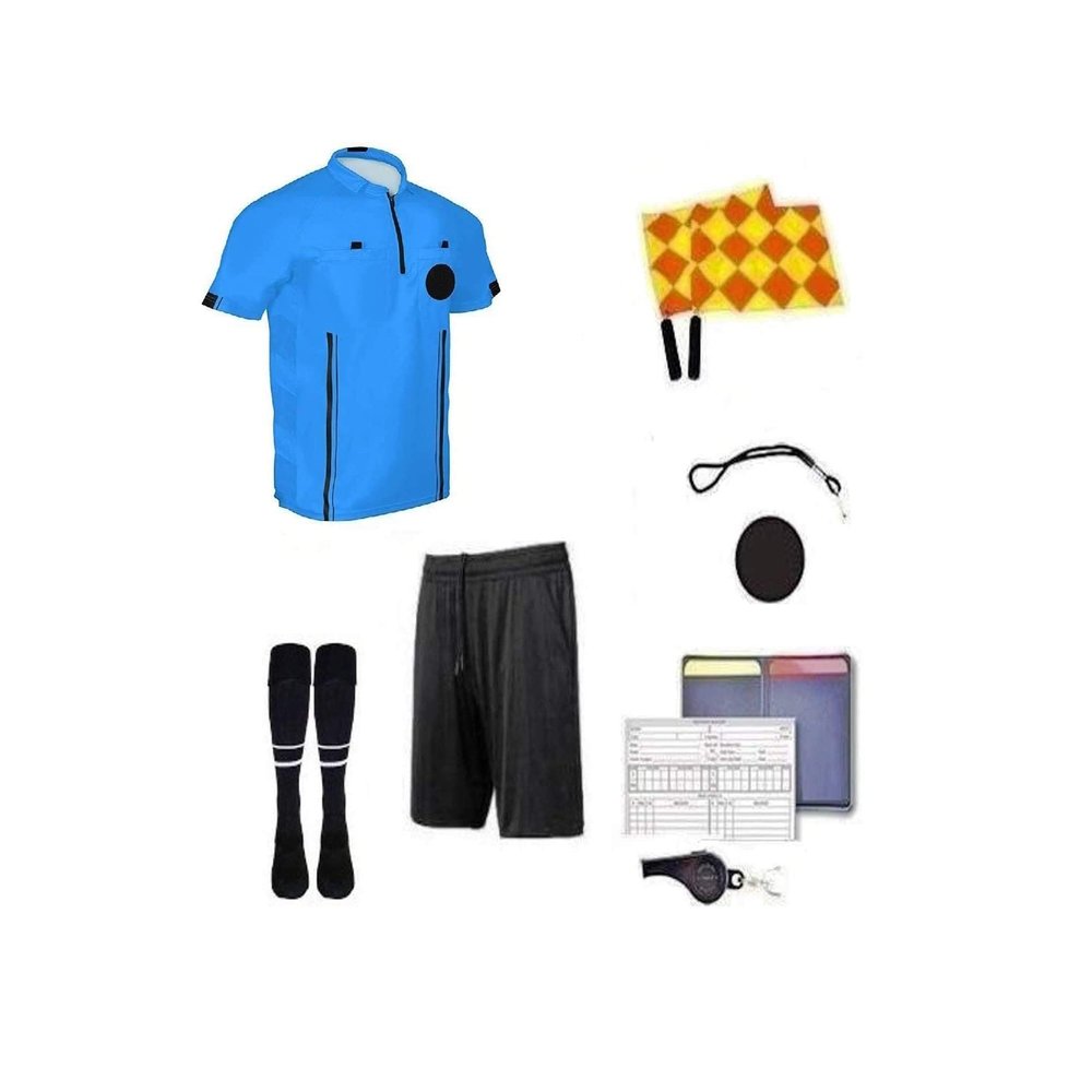 Soccer Referee 9 Piece Short Sleeve Package Referee Jersey Black Shorts Socks patch Whistle lanyard Referee wallet cards Flag set (Blue, Youth Large)