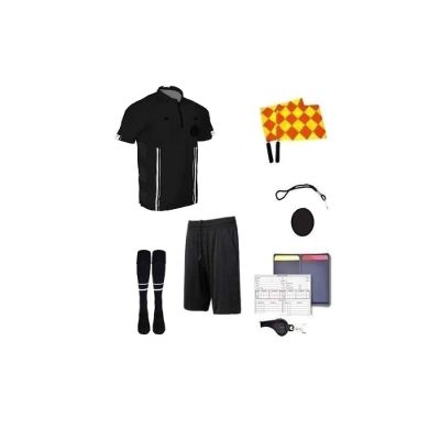 Soccer Referee 9 Piece Short Sleeve Package Referee Jersey Black Shorts Socks patch Whistle lanyard Referee wallet cards Flag set (Black, Adult X Large)