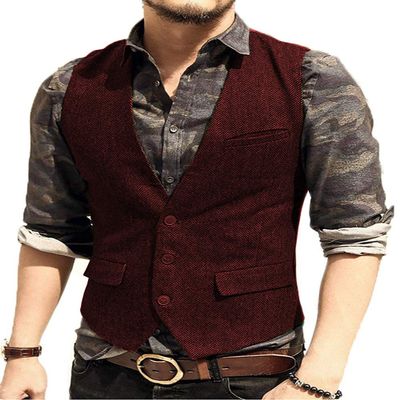 Men's Classic Suit Vest Slim Fit Herringbone Wool Tweed Casual Formal Waistcoat for Wedding Groomsmen (S,Burgundy)