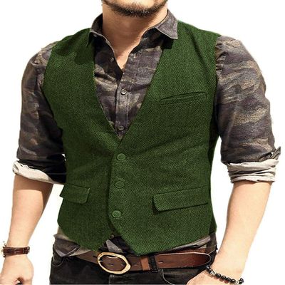Men's Classic Suit Vest Slim Fit Herringbone Wool Tweed Casual Formal Waistcoat for Wedding Groomsmen XL,Green