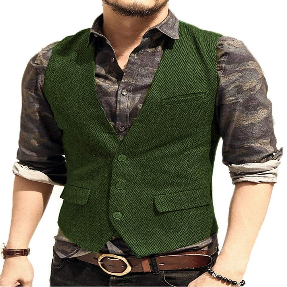 Men's Classic Suit Vest Slim Fit Herringbone Wool Tweed Casual Formal Waistcoat for Wedding Groomsmen XL,Green