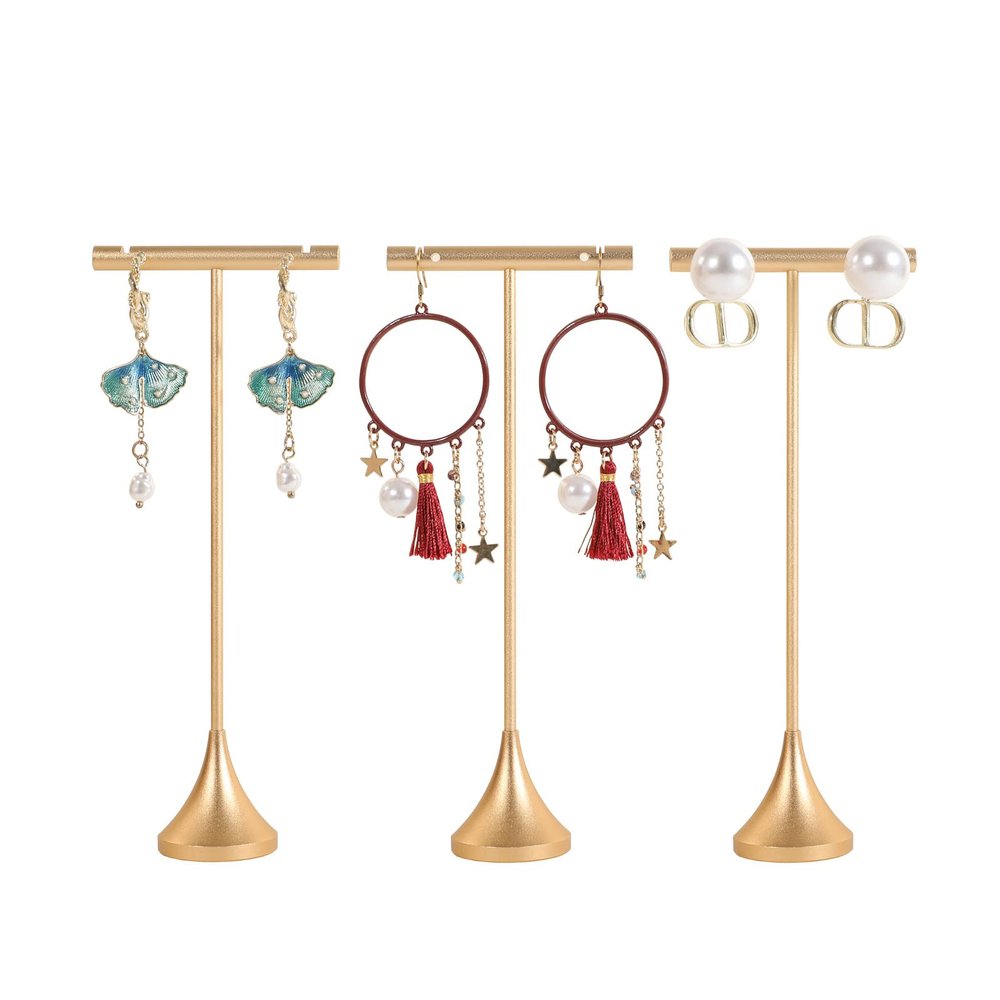 GemeShou Taller 3pcs Metal Gold T Bar Earring Display Stand for Mini Earrings Studs Photography Props, Not for Big Dangly EarringsGold-Cone Base 3pcs Height 5.9"