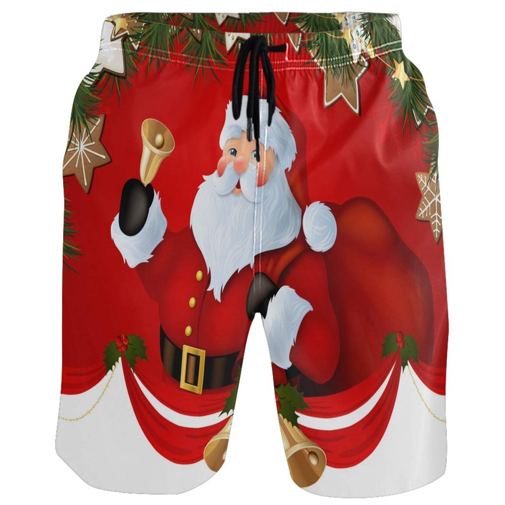 visesunny Christmas Santa Claus Red Men's Beach Short Swim Trunks Sports Running Bathing Suits with Mesh Lining