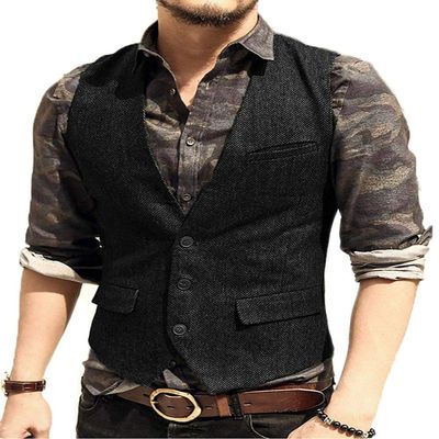 Men's Classic Suit Vest Slim Fit Herringbone Wool Tweed Casual Formal Waistcoat for Wedding Groomsmen XL,Black