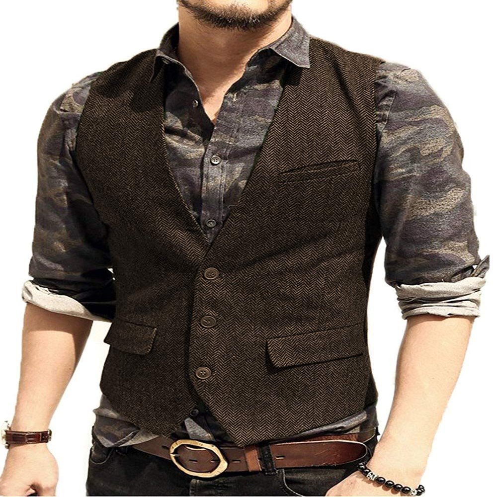 Men's Classic Suit Vest Slim Fit Herringbone Wool Tweed Casual Formal Waistcoat for Wedding Groomsmen XXXL,Coffee