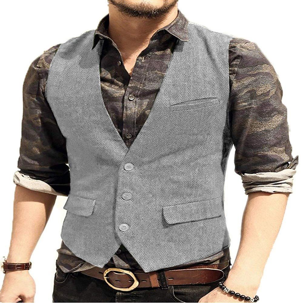 Men's Classic Suit Vest Slim Fit Herringbone Wool Tweed Casual Formal Waistcoat for Wedding Groomsmen (S,Silver)