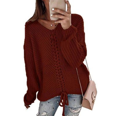 Elegant Womens Oversized Pullover Sweaters Plus Size Cable Knit V Neck Lace Up Long Sleeve Fall Blouse Tops (XXXL,Wine Red)