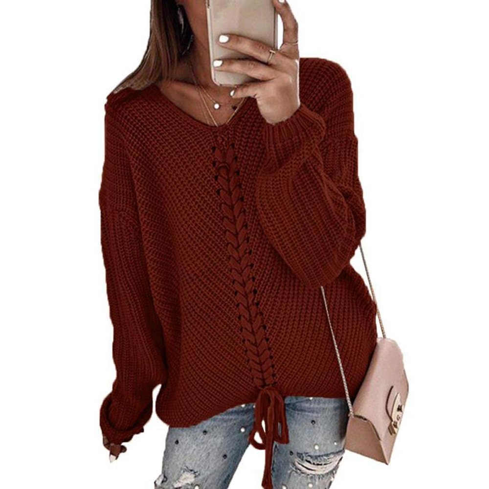 Elegant Womens Oversized Pullover Sweaters Plus Size Cable Knit V Neck Lace Up Long Sleeve Fall Blouse Tops (XXXL,Wine Red)