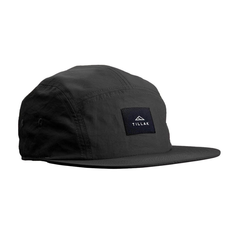Tillak Wallowa Camp Hat, Lightweight Nylon 5 Panel Cap with Snap Closure (Black)