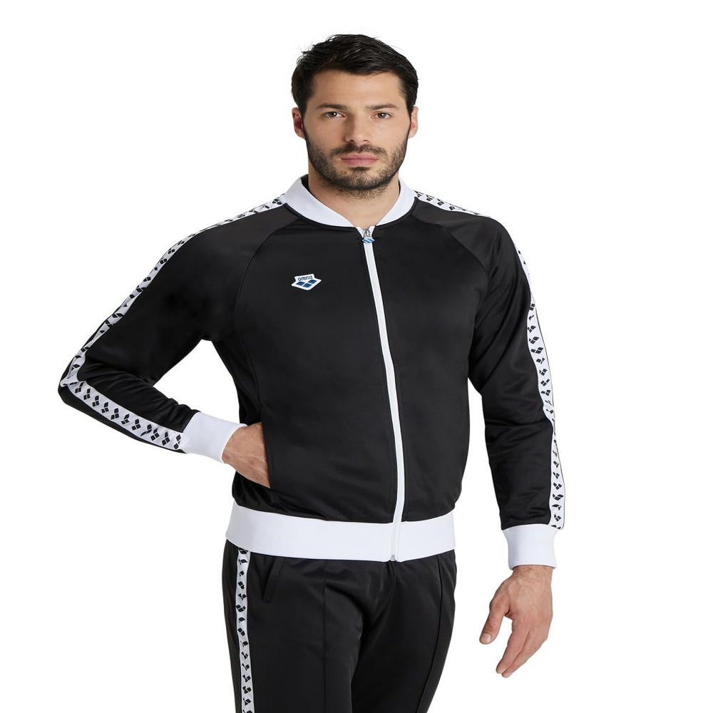 ARENA Men's Team Relax IV Track Jacket Front Zip Side Pockets Lightweight Athletic Retro Cool Bomber Jacket, Black/White/Black, Small