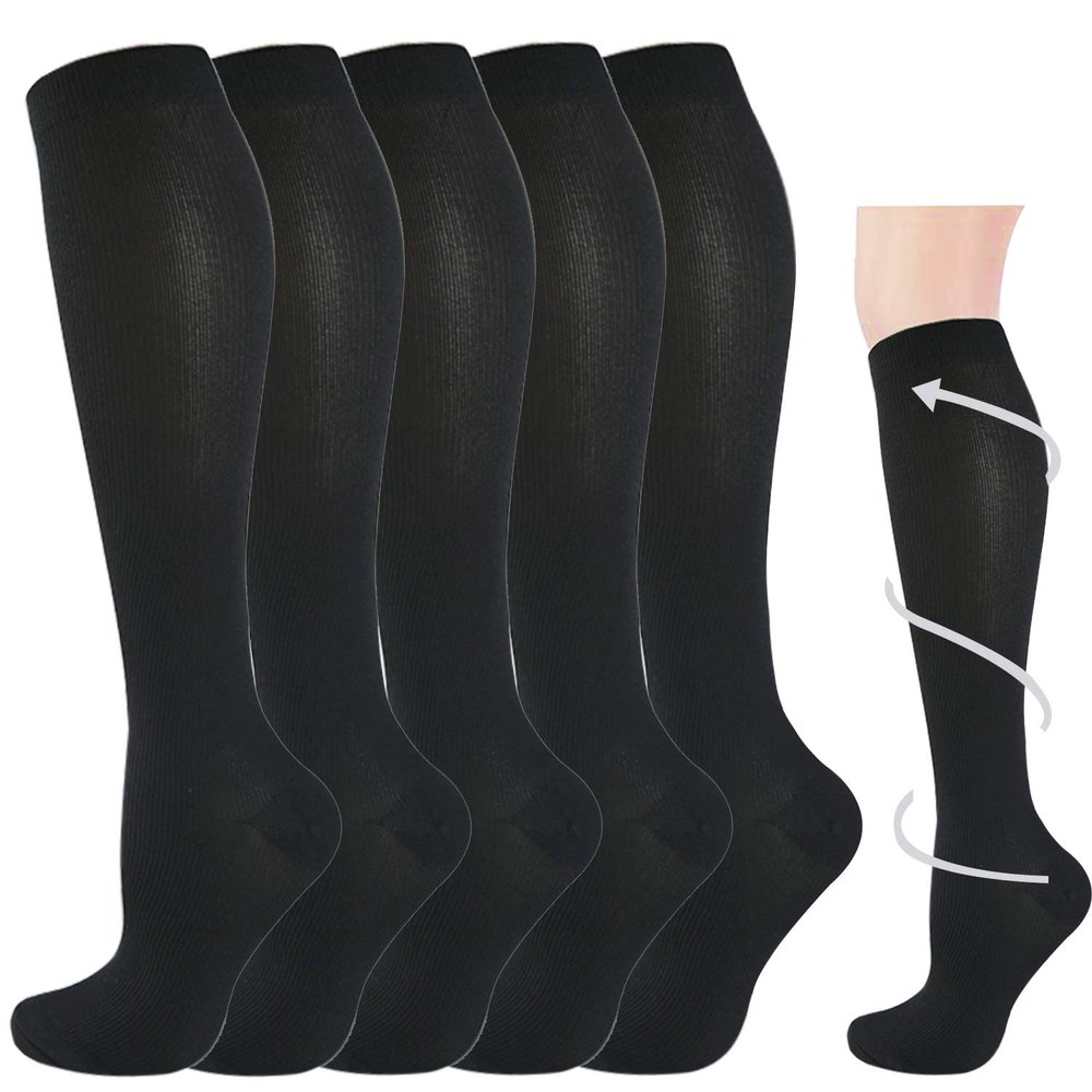 5 Pairs Compression Socks for Men & Women 20-30 mmHg Graduated Compression Black Stockings for Grade Pregnancy Essentials Varicose Vein Swelling Feet Relief Running Sports & Recreation(Black,S-M)