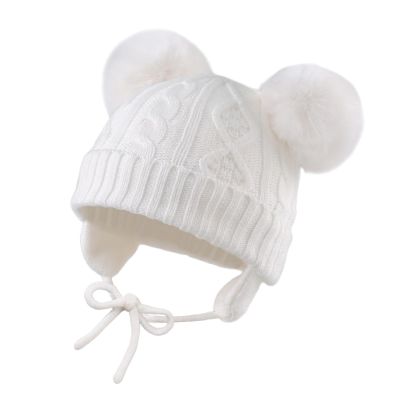 JANGANNSA Cute Knitted Boys Girls Christmas Beanie Warm Earflap Winter Hat Infant Toddler Baby Beanie 0-6Y (L, White Pompom)