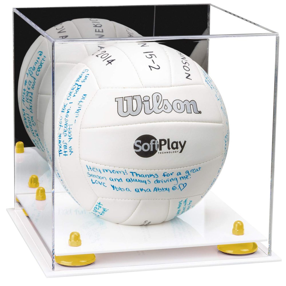 Better Display Cases Acrylic Volleyball Display Case with Mirror Case, Yellow Risers and White Base (B02/A027)