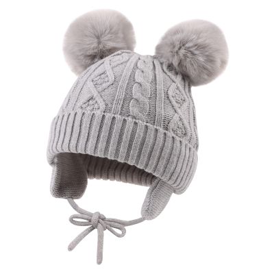 JANGANNSA Cute Knitted Boys Girls Christmas Beanie Warm Earflap Winter Hat Infant Toddler Baby Beanie 0-6Y (S, Grey Pompom)