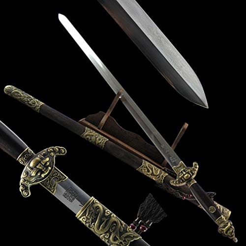 GLW Sword Dragon Tiger Double-Edged Treasured Sword Traditional Folded Pattern Steel 100% Handmade Grinding Polishing Chinese Longquan Sword Sword Jian Sharp Blade Battle Ready