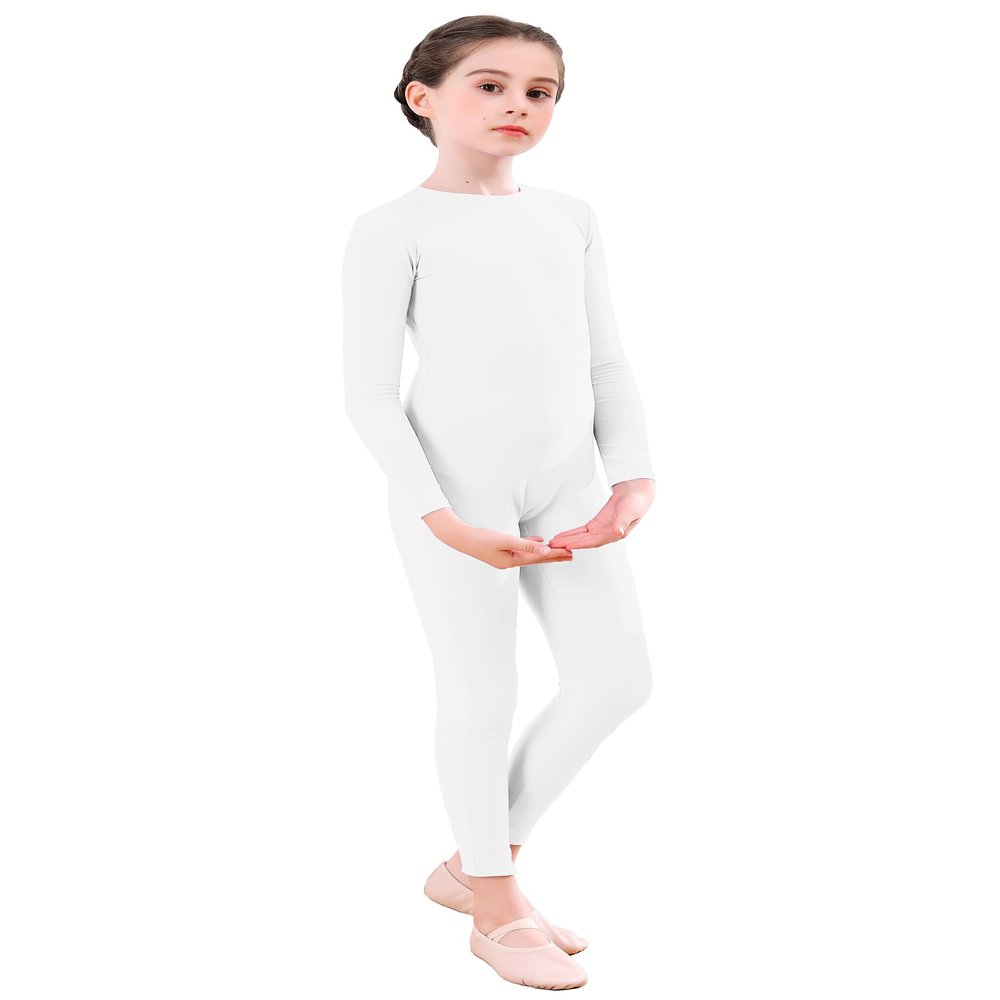 Aoylisey Girls' Full Body Long Sleeve Unitard One Piece Gymnastics Dance Bodysuits for Kids(White, S/4-6)