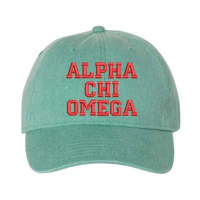 Alpha Chi Omega Pigment Dyed Baseball Cap Sea Foam w/Red Thread Color