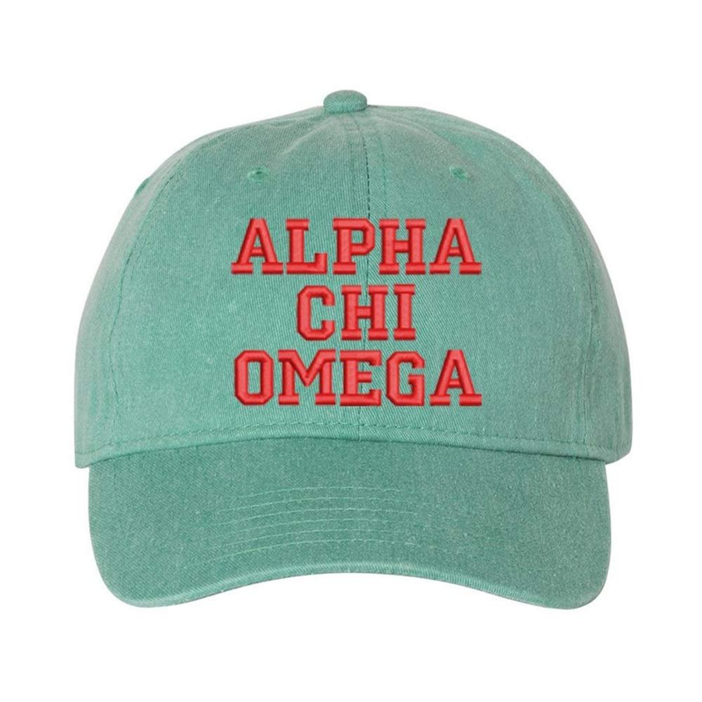 Alpha Chi Omega Pigment Dyed Baseball Cap Sea Foam w/Red Thread Color